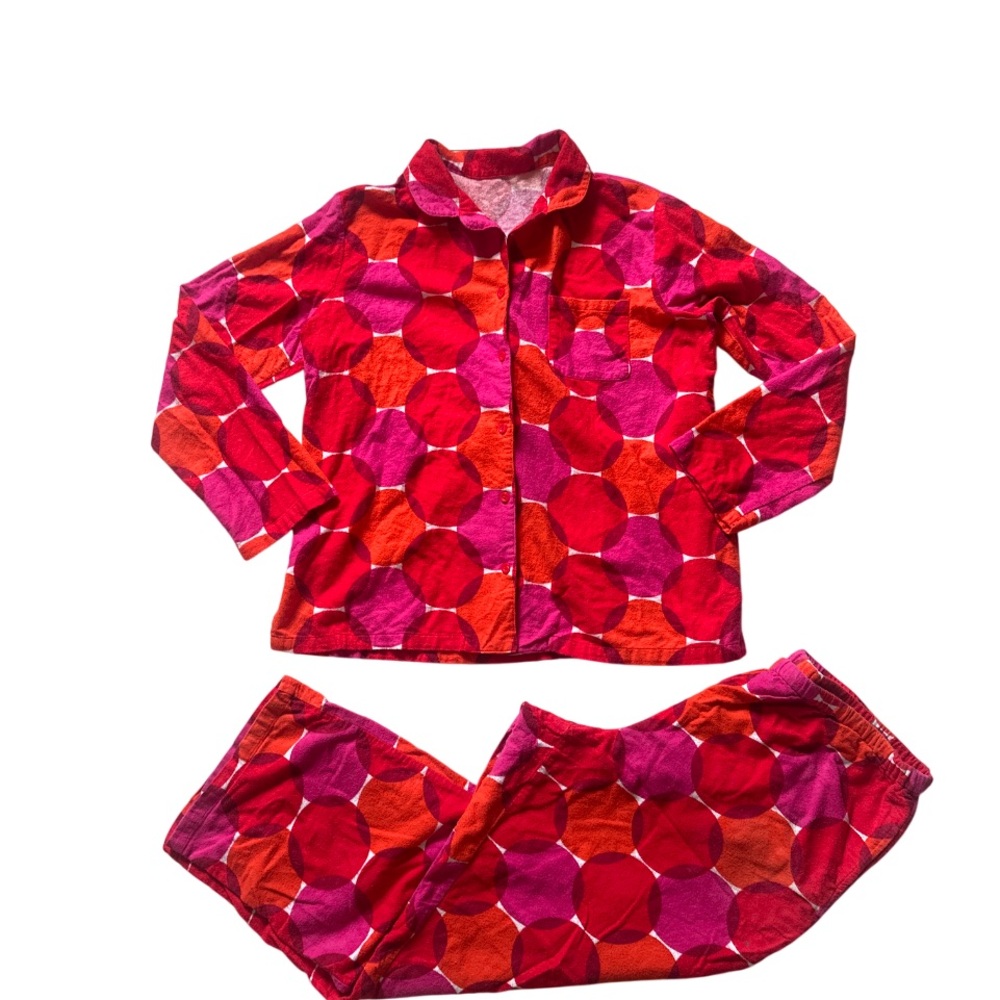 Red Pink Cozy Pijama Set Womens L 100% Cotton Colorful Circle Print Loungewear